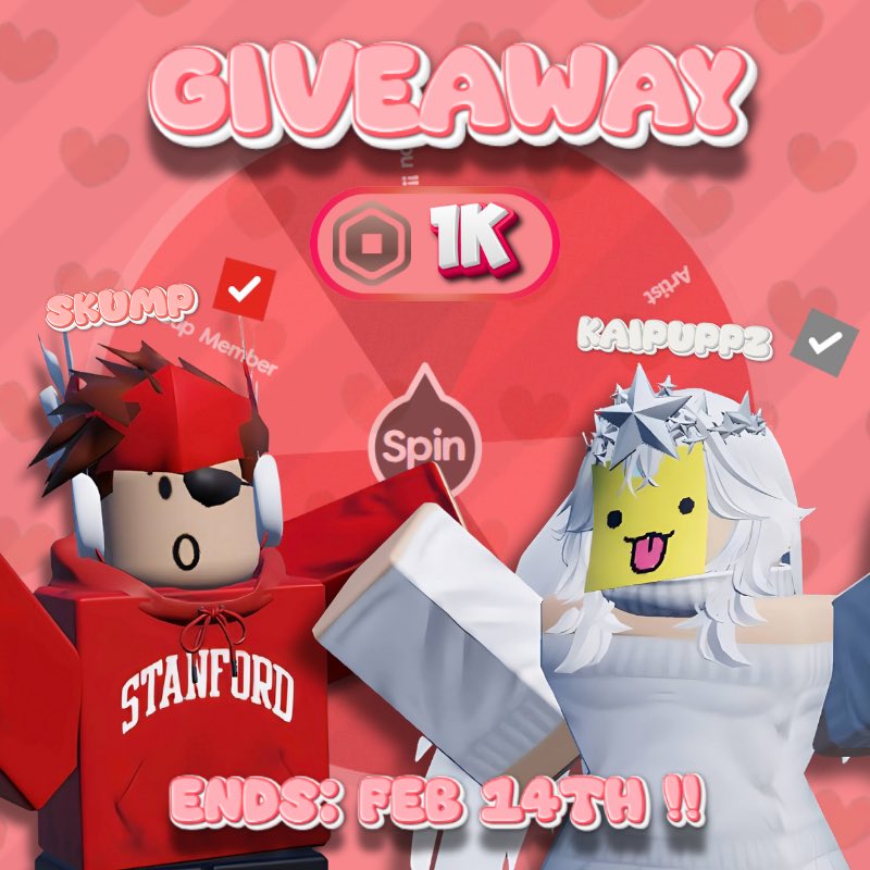 Valentine’s Countdown is ON. 💞

4 days until someone from the squad wins 1,000 Robux. Have you finished the requirements yet??

Entry Check:
1️⃣ Follow us <a href="/kaipuppz/">ᛝ kai</a> &amp; <a href="/skumpi_i/">Skump</a> 
2️⃣ Like and RT this post!
3️⃣ Comment ur user!!

Good luck everyone!! 💓
#roblox #giveaway #SkumpSquad