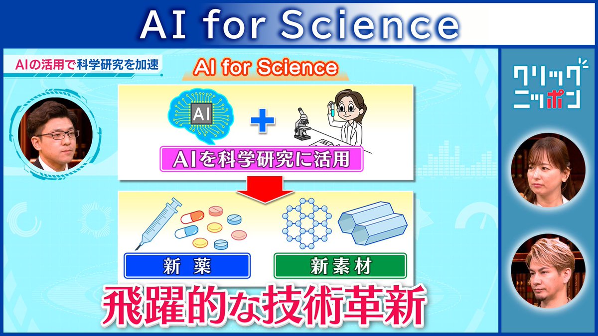 tx_clicknippon's tweet photo. /／    
2月15日(日)よる9時54分〜放送！　
#クリックニッポン 👆
\＼       

今週の放送では
AIを科学研究に活用することで
あらゆる分野で飛躍的な技術革新を目指す取組「Al for Science」を調査します！🔎

#皆藤愛子 #JOY  #北村直也 #テレ東 https://t.co/BrkJI5Zzhq