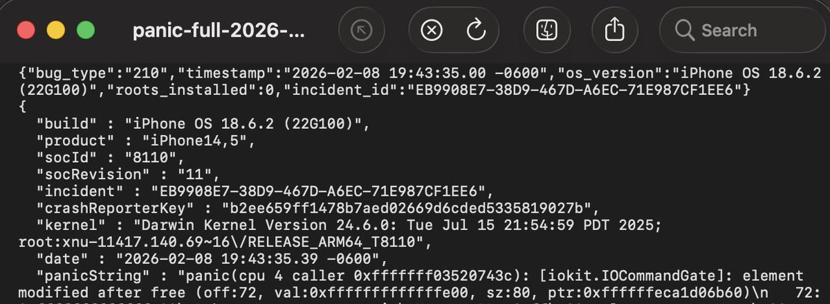 TimmyCraft70242's tweet photo. @0xjohnny Hey uh I submitted an issue on the git, idk if you read it. 
I've tweaked it a bit, also with opus and got a UAF. I also got a PAC fault (working on that now). Your bug affects, so far, down to iOS 18.6.2. So, I am working on getting Dopamine working on iOS 18.6.2 and iOS 26.2.1 https://t.co/PziKSYpe4a