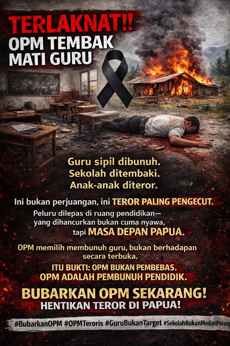 masa depan papua ada di tangan anak² yang belajar dengan tenang di sekolah. membunuh guru &amp; merusak fasilitas pendidikan adalah cara paling cepat untuk menghancurkan sebuah generasi. hentikan kekerasan sekarang juga demi kedamaian bumi cendrawasih. Papua Harus Damai #BubarkanKKB