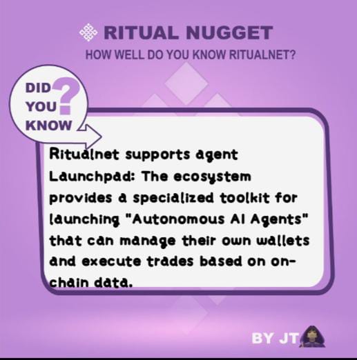 Day 82 on <a href="/ritualnet/">Ritual</a> 
    Unlike a standard chatbot like chat GPT that simply responds to your prompts, an autonomous agent on a network like Ritual can👇🏿
✅Manage Wallets: They hold their own private keys and digital assets.

✅Make Decisions: They analyze on-chain data like