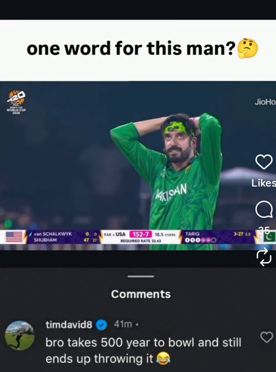 rai_mayank47160's tweet photo. No one is sparing him ,even Tim david commented
#UsmanTariq #USAvsPAK https://t.co/F77kaj0ruG