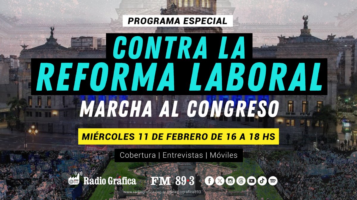 ¡Hoy programa especial! 

📢 Contra la Reforma Laboral: marcha al Congreso 

📅 Miércoles 11/2 de 16 a 18 hs
Cobertura | Entrevistas | Análisis

✌ Debate y reflexión colectiva
📺 En vivo por Youtube

¡Seguí la movilización desde la comunicación popular!

📻 Radio Gráfica FM 89.3