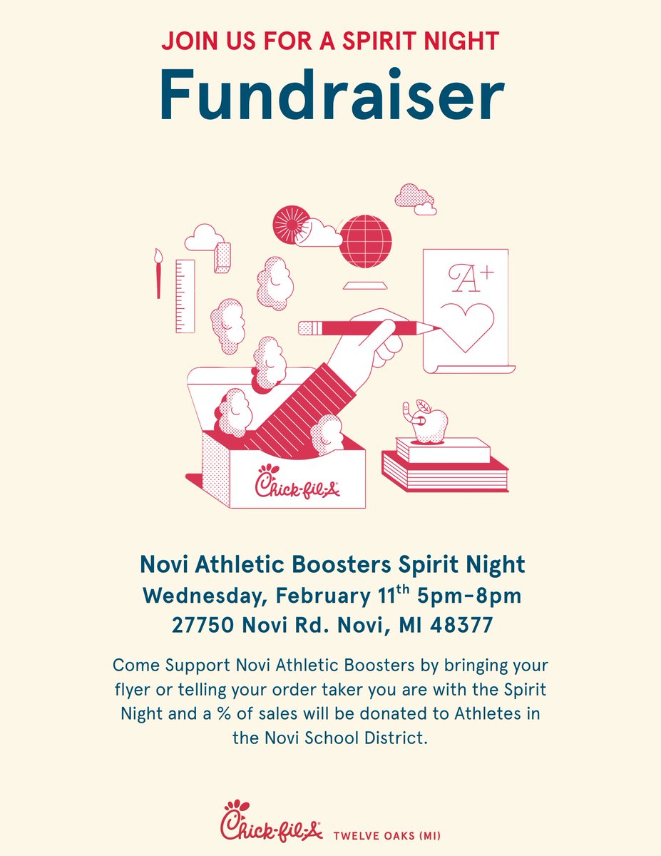 This Wednesday, grab Chick-fil-A by 12 Oaks between 5-8 pm and help support the Novi Athletic Boosters who help support our Novi Student-Athletes!  Mention that you are there for Spirit Night and a percentage of sales will be donated.