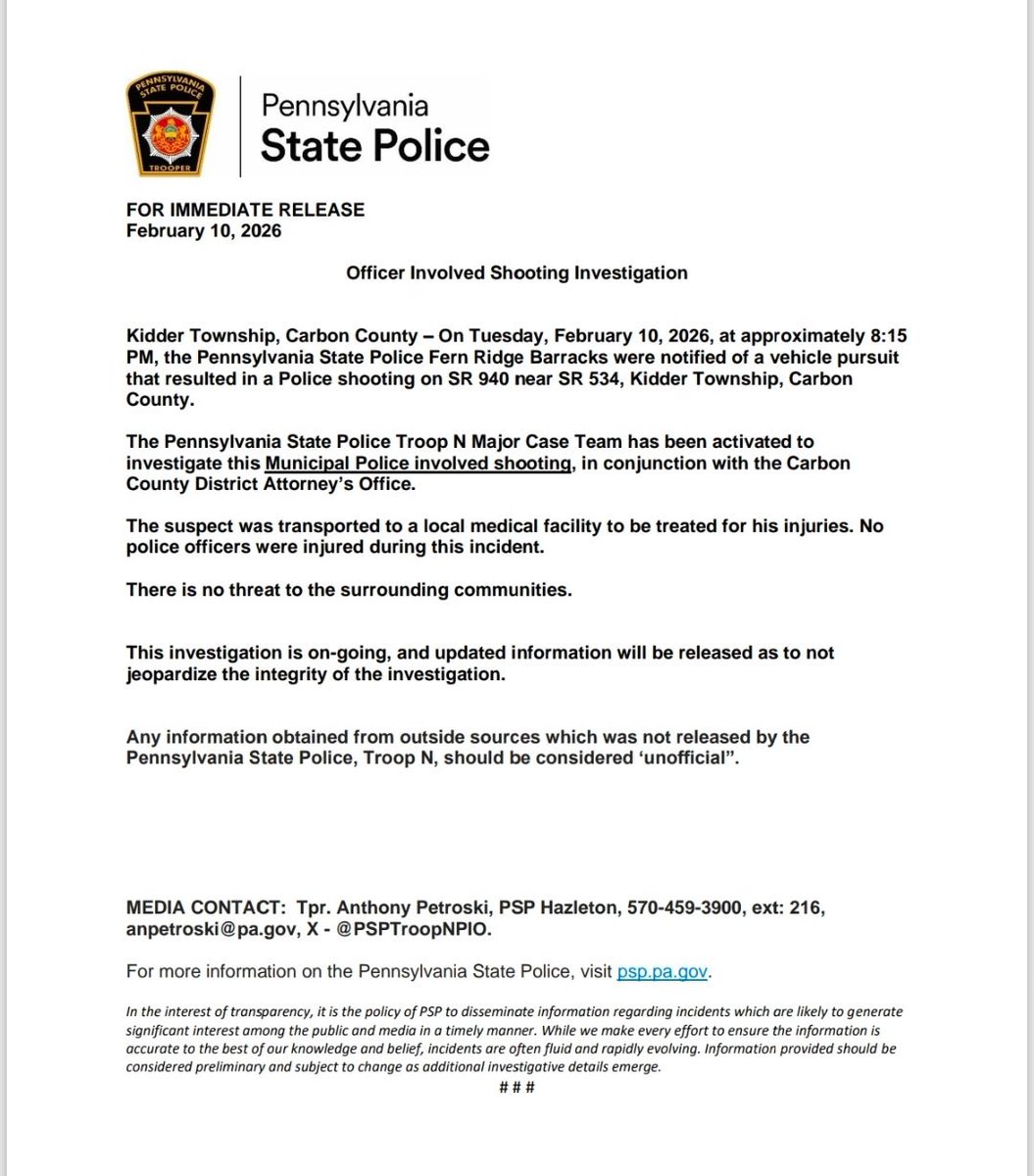 Carbon County - Municipal Police Shooting investigated by the Troop N Major Case Team ⬇️