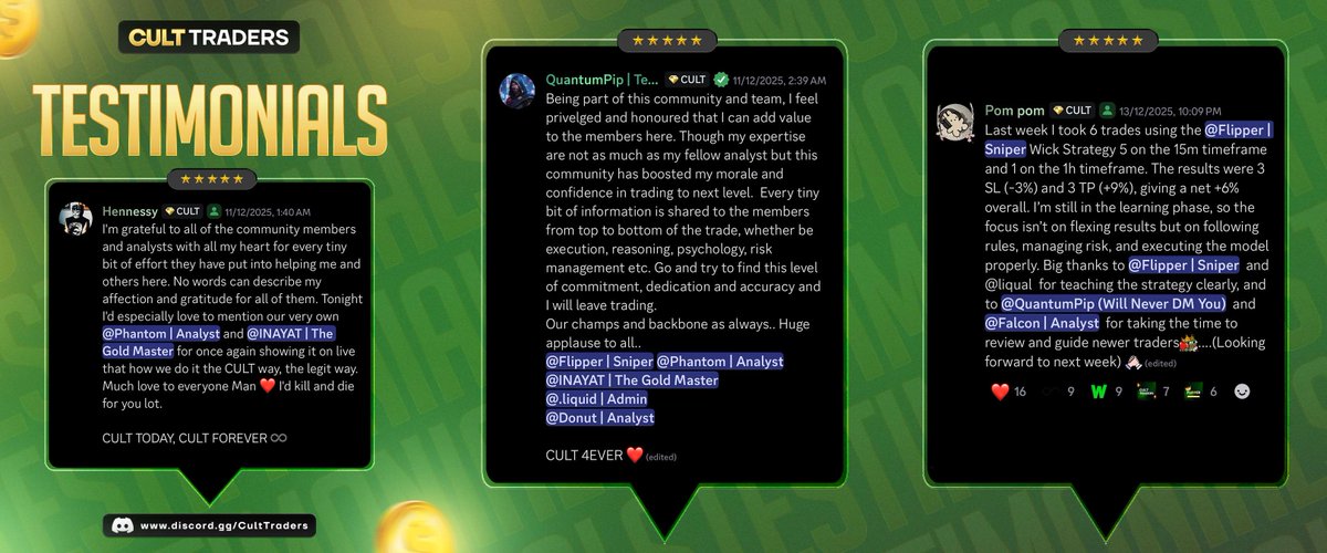 Anyone can flex profits. We build traders. 

Everything we share is free: education, setups, guidance, support. No paid signals. No fake lifestyles. 

No dreams sold. Just real skill, real discipline, and a community that helps you grow: discord.gg/culttraders