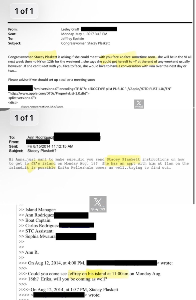 BethanyForTruth's tweet photo. 🚨JUST IN: Emails in the Epstein files reference Rep. Stacey Plaskett coordinating a meeting with Jeffrey Epstein, including directions to his island.

Why was a sitting member of Congress arranging meetings with a convicted sex offender?

The public deserves full transparency. https://t.co/guuniQXdxI
