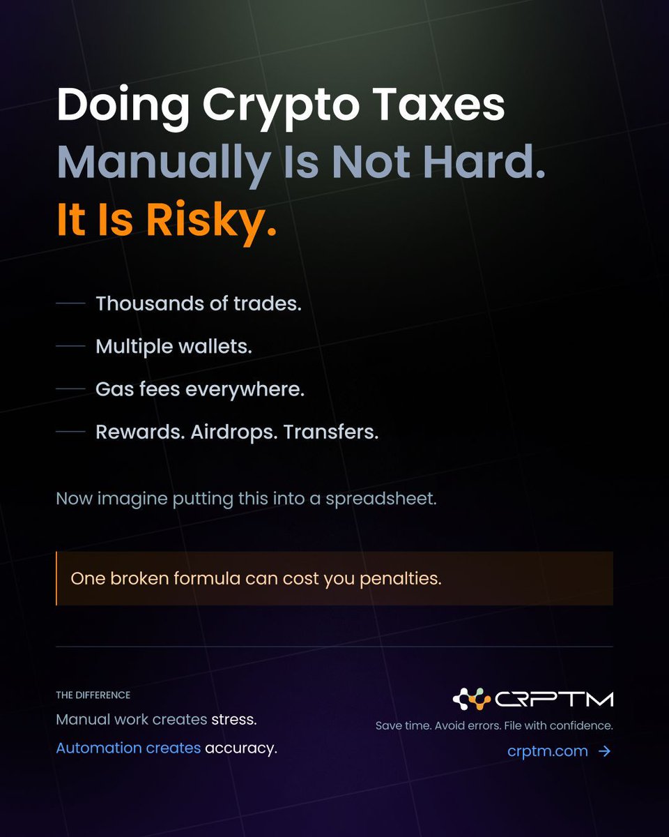 xcrptm's tweet photo. Manual work creates stress.
Automation creates accuracy. 

#CRPTM #IRS #TAXTIP #CRYPTO https://t.co/wz1i8Hs89v
