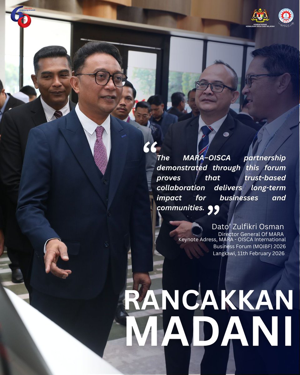 𝗟𝗘𝗡𝗦𝗔 | 𝗠𝗢𝗜𝗕𝗙 𝟮𝟬𝟮𝟲

Ketua Pengarah MARA, Dato’ Zulfikri Osman ketika menyampaikan ucap tama sempena MARA-OISCA International Business Forum (MOIBF) 2026 pada 11 Februari 2026 di PARKROYAL Resort, Langkawi.

#WeAreGenMARA
#MerakyatkanMARA
#HebatkanMARA