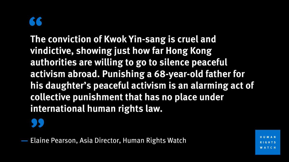 PearsonElaine's tweet photo. .@hrw's response to the conviction of Anna Kwok's father under Hong Kong's draconian national security law for "attempting to deal with the funds of an absconder" - an alarming act of collective punishment.  
https://t.co/swJnRmVGl0 https://t.co/nNKqgath6B