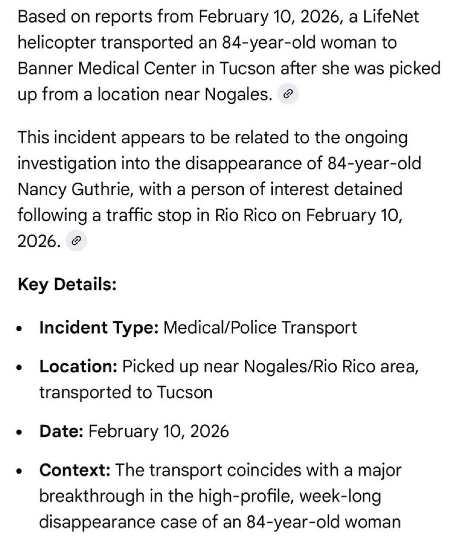 ScummyMummy511's tweet image. #BREAKING WE NOW KNOW THE PERSON IS 84 YEARS OLD THAT WAS FLOWN TO BANNER HOSPITAL.

Please Pray it’s NANCY GUTHRIE shes 84. #NancyGuthrieKidnapping