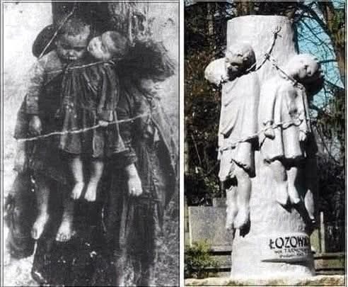 LOS UCRO-NAZIS

Este monumento fue creado a partir de una foto real de la masacre de niños, a quienes los seguidores de Stepan Bandera, liderados por el "héroe nacional", mataron, sujetándolos con alambre a postes para ahorrar munición. +