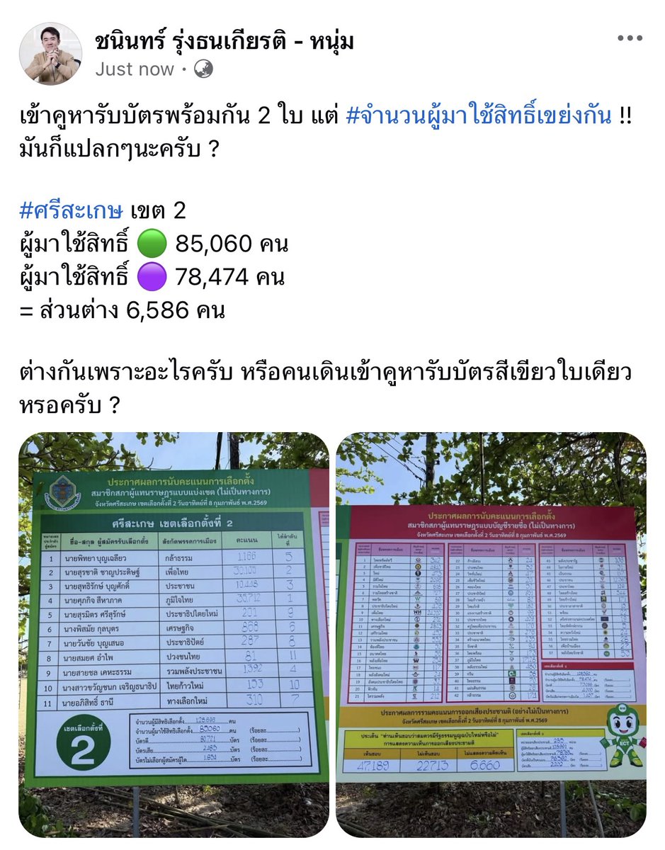 Poppypeerawit's tweet photo. อีกสิ่งหนึ่งที่เริ่มเห็นคือ "แนวโน้มที่จำนวนบัตรเขียวและจำบวนบัตรชมพูไม่ตรงกันในหลายเขตครับ" 
.
เราเห็นอย่างน้อย 20 เขตที่มีส่วนต่างกันมากกว่า 3.5%  ซึ่งถือว่ามีนัยยะสำคัญที่ส่งผลต่อผลการเลือกตั้ง 
.
ในกรณีของพรรคเพื่อไทย ร้อยเอ็ดเขต 5 ของ @j_sindhuprai พบว่า ผู้มาใช้สิทธิของใบเขียว สส.เขต มีน้อยกว่า ใบชมพูอยู่ราวๆ  6.2% (ไม่ต้องห่วงครับ พี่น้ำกำลังไปไล่ล่าตามหาคำอธิบายบนข้อเท็จจริงนี้ครับ)
.
คิดง่ายๆ เวลาเราไปลงคะแนน เราจะได้บัตร 2 ใบมาพร้อมๆกัน เขียวเลือกเขต ชมพูเลือกพรรค  แต่การที่ผลจำนวนของ 2 บัตรต่างกันอย่างมีนัยยะสำคัญในหลายเขต ก็สร้างความสงสัยให้กับประชาชนอย่างเราๆ เพิ่มไปอีกครับ
.
แนบรูปศรีสะเกษเขต 2 ตามที่ @ChaninNume ได้ลงไปแล้ว หรือแม้แต่ของพี่ซัน ภาควัตร ขอนแก่นเขต 5 ที่จำนวนผู้มาใช้สิทธิ กับ จำนวนบัตรรวมแล้วไม่ตรงกัน  
.
ขอบคุณอาจารย์เต๋า ณพล ที่เรียงเรียงข้อมูลได้อย่างสวยงามและมีน้ำหนักครับ (ref: https://t.co/wRwtlzxYjO)