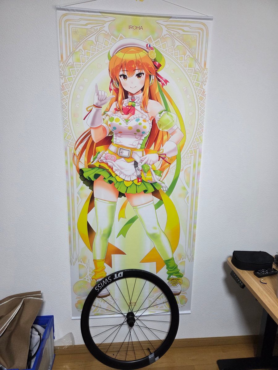 nanayan's tweet image. ランダムチケットパワーでイロハタペストリーゲットしたけどデカスギィ
その辺に落ちてたチャリのホイールと比べると巨大さが分かる
あとふともも