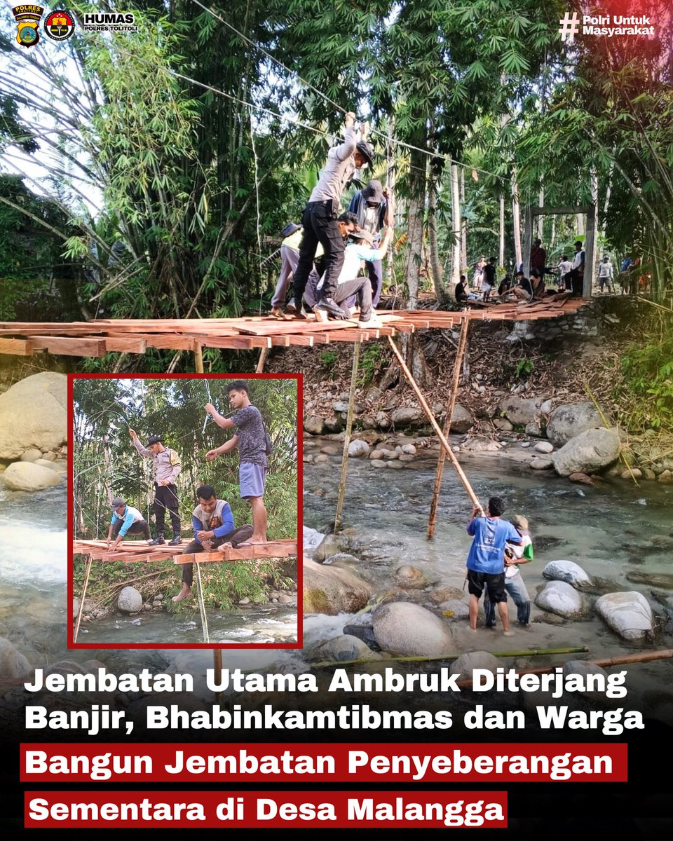 Semangat gotong royong kembali ditunjukkan warga Desa Malangga, Kecamatan Galang, Kabupaten Tolitoli. Bersama Bhabinkamtibmas Desa Malangga Aipda Adris dan Pemerintah Desa, masyarakat bahu-membahu membangun jembatan gantung darurat sebagai akses utama warga, Senin (9/2/2026).