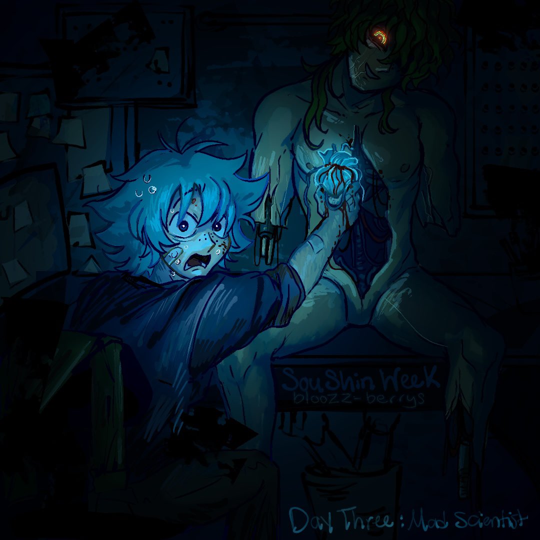 SouShin Week
[2/10] Day 3: Cyberpunk/Mad Scientist

((Be careful of what you create…))
#soushin #soushinweek #yttd