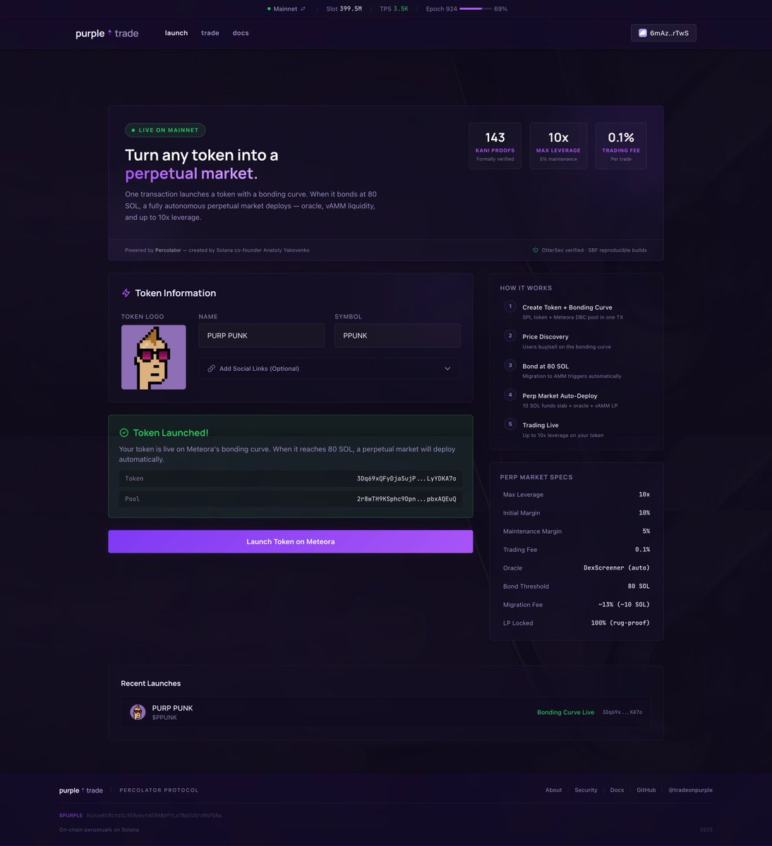 tradeonpurple's tweet photo. Crazy how fast things ship now.

Launch a token -> get a perp market.

Automatically.

Percolator, applied to launchpads. Live now. 🟣
https://t.co/JmTMDJSZ50 https://t.co/cvkQCXtM6O