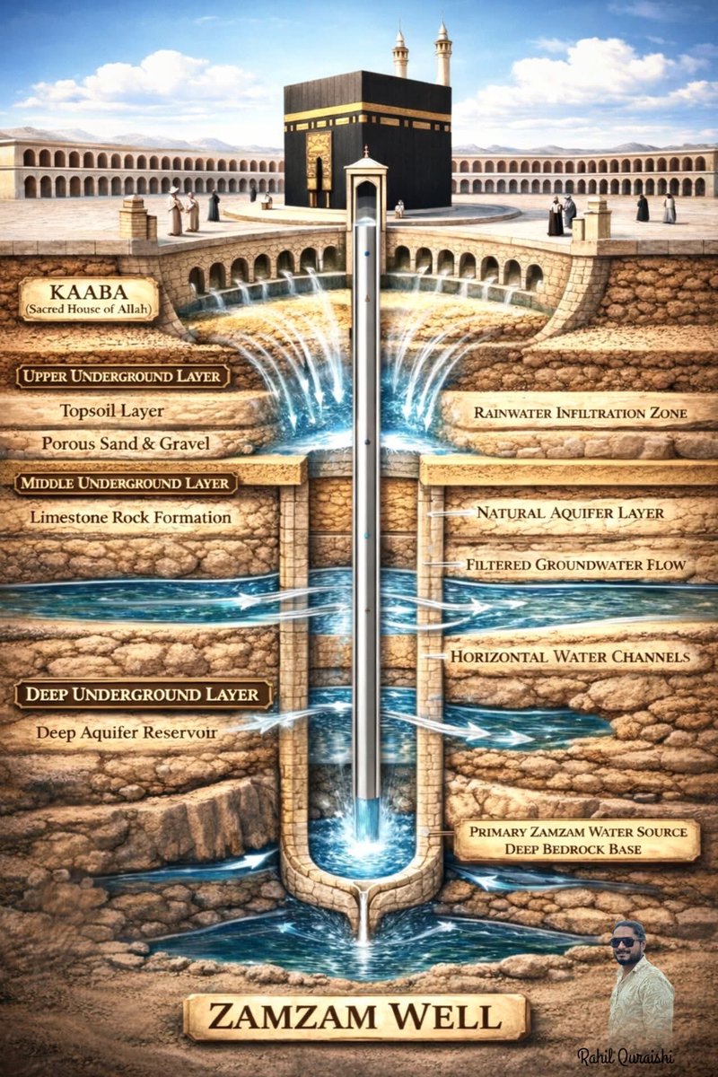 This detailed visual illustration presents a comprehensive cross-sectional view of the sacred Zamzam Well, located within Masjid al-Haram in Makkah, just a short distance from the Holy Ka'bah. The image beautifully explains how Zamzam water flows from deep underground layers to