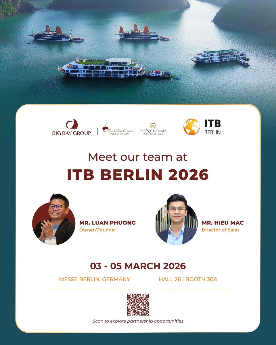 CruisesMon's tweet photo. ✨ Meet Mon Chéri Cruises at ITB Berlin 2026 ✨
Mon Chéri Cruises is proud to be part of ITB Berlin 2026, the world’s leading travel trade show.
📅 03 – 05 March 2026
📍 Hall 26 | Booth 308
🇩🇪 Messe Berlin, Germany
💌 See you in Berlin!
📞 Hotline: +84 984 749 958 https://t.co/1s0INH9q5K