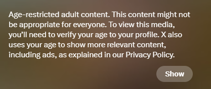 mslewdz's tweet photo. So I've been seeing this now on like every post now? Yeah, fuck no. Discords also going to be following this age verification shit. https://t.co/7GF4626CgS