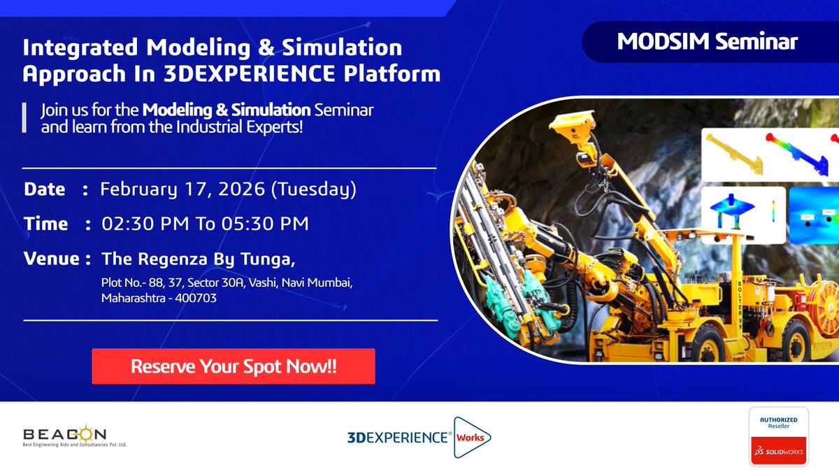dailycadcam's tweet photo. #NaviMumbai design &amp; simulation engineers 
Join BEACON’s Live MODSIM Seminar on Integrated Modeling &amp; Simulation in the #3DEXPERIENCE Platform.
17 Feb 2026 | 2:30–5:30 PM
Register: https://t.co/jG75mZmk1V 
#MODSIM #SOLIDWORKS #SIMULIA  @BEACONIndia_3D @SOLIDWORKSIndia https://t.co/8nHDf3Fpeo