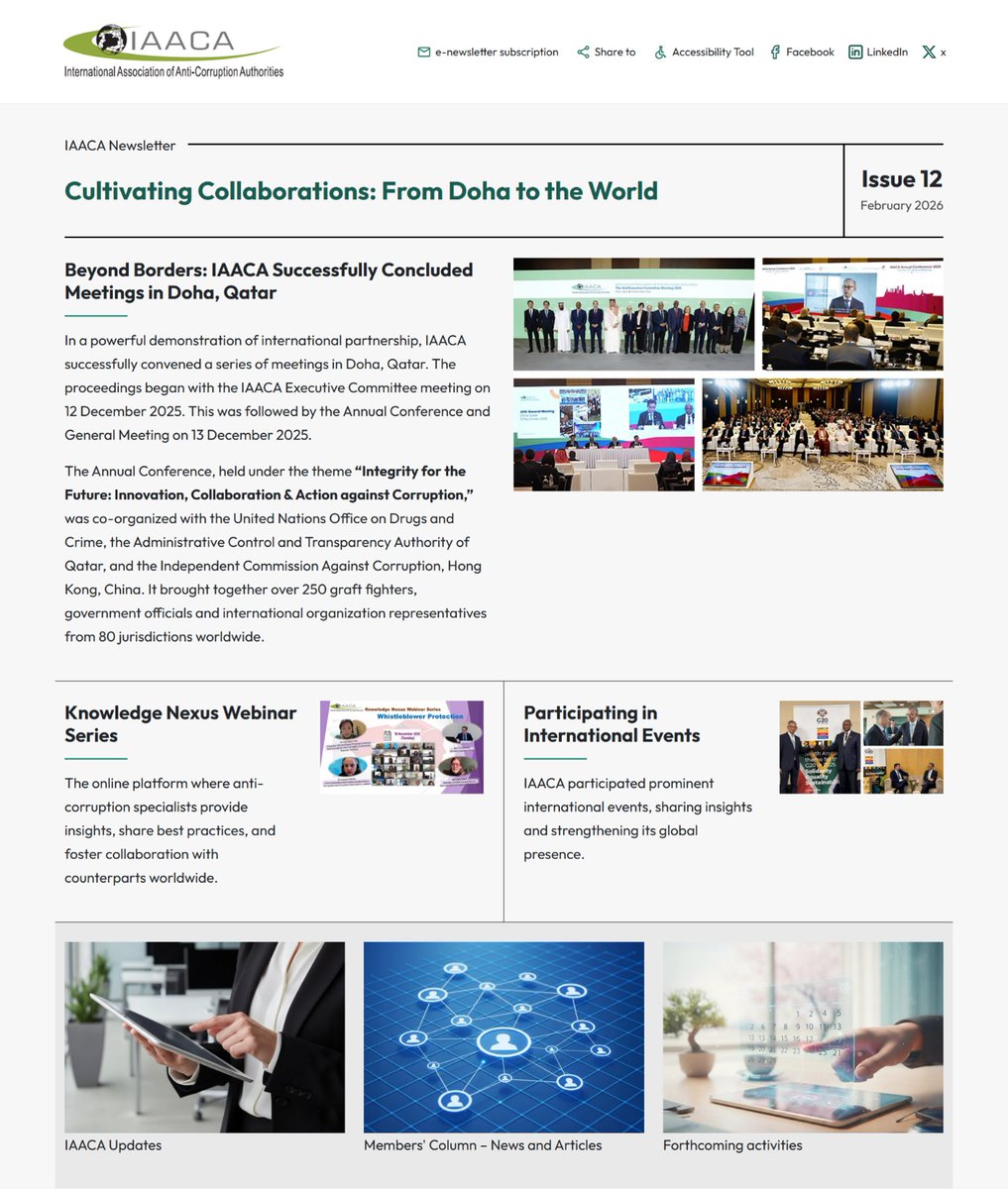 IAACA_Sec's tweet photo. 🚀 The IAACA Newsletter (Issue 12) is here https://t.co/E8ZEZTVY4e! 🌍 This edition recaps our successful meetings in Doha, featuring the Annual Conference on "Integrity for the Future." Dive in for updates on our Knowledge Nexus Webinar Series and more! https://t.co/1zewozSewr