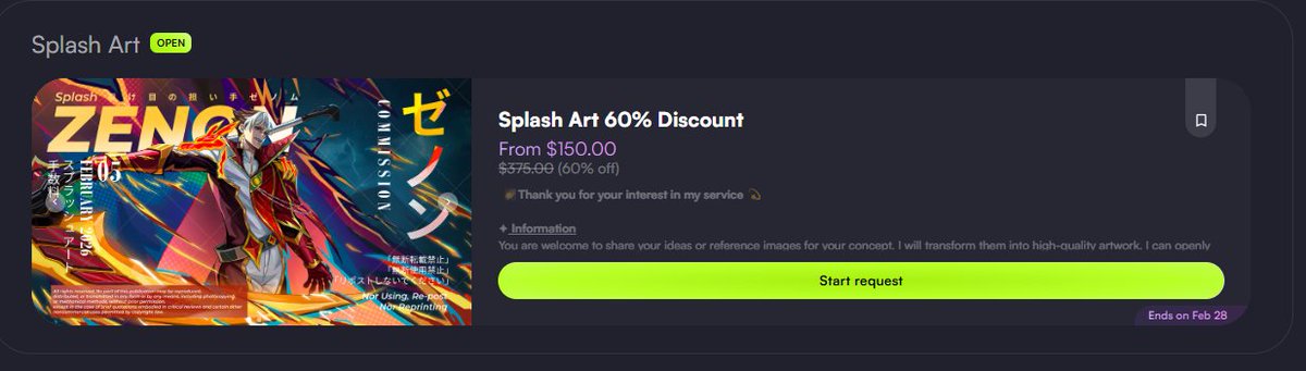 ZenonSplash's tweet image. Splash Art commissions are now open ✨
Starting at $150 for a limited-time opening discount.
Price will increase to $300, so feel free to contact me if you’re interested!

#artmoots #VGenComm