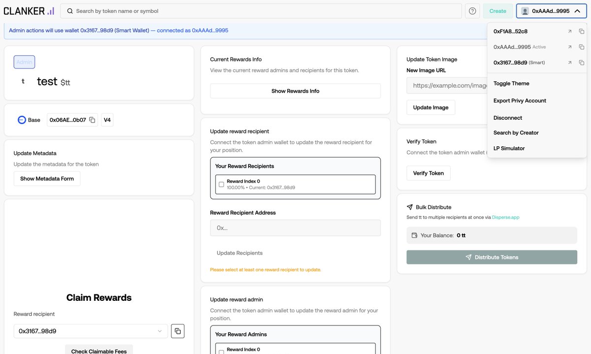 JackDishman's tweet photo. Pushing a fix to show smart accounts connected to X accounts for clankers deployed by @clanker_world  

We'll fund the Privy paymaster tomorrow but now you'll be able to confirm ownership 

should be live shortly! https://t.co/8iBU5u0Yao