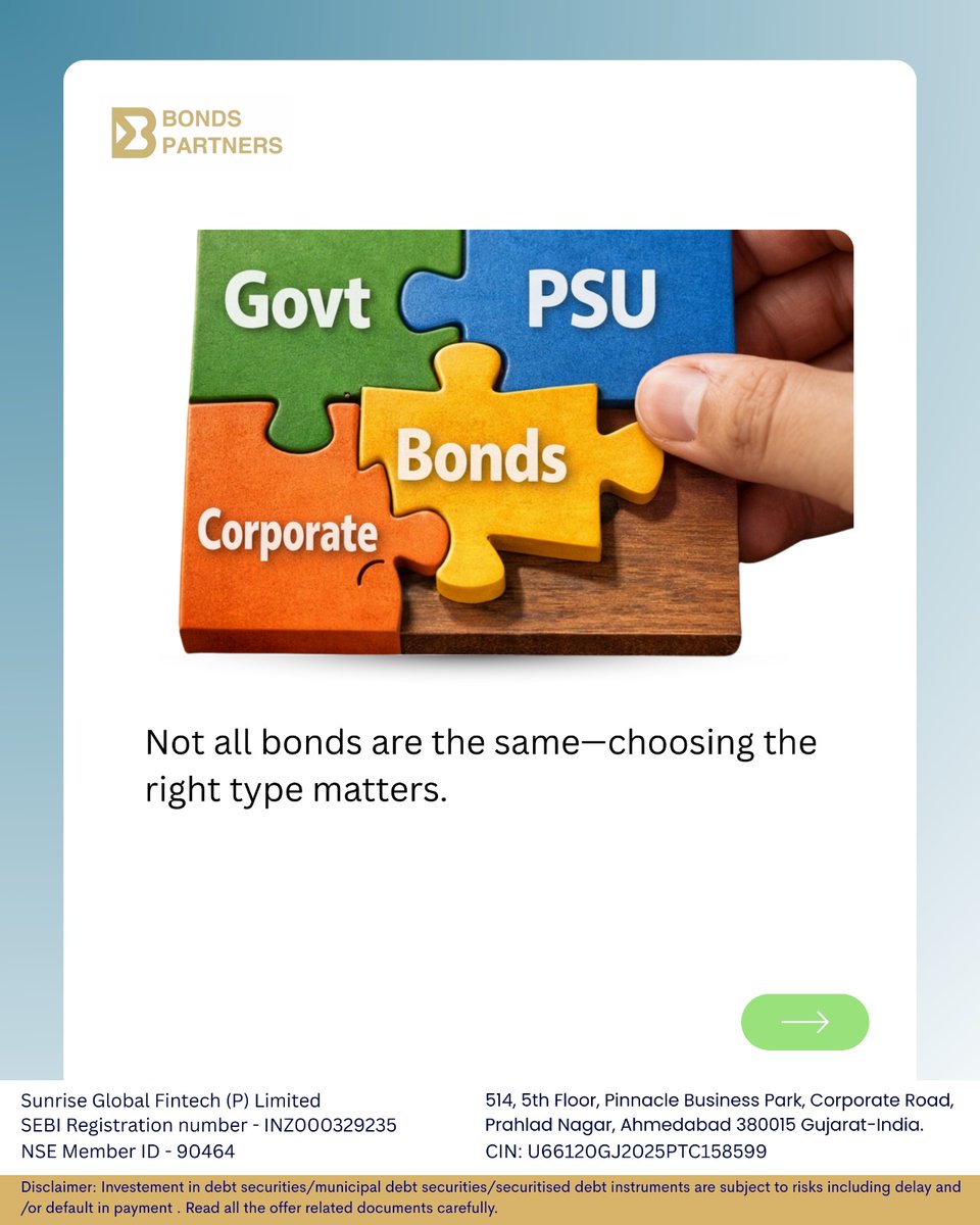 BondsPartners's tweet photo. Not all bonds are the same — and choosing the right one makes all the difference.
Government bonds offer the highest safety.

Understanding bond types helps you align risk, returns, and long-term financial goals.

Learn more at  https://t.co/4NShpUYz9v
#BondInvesting https://t.co/ma4AECpEWH