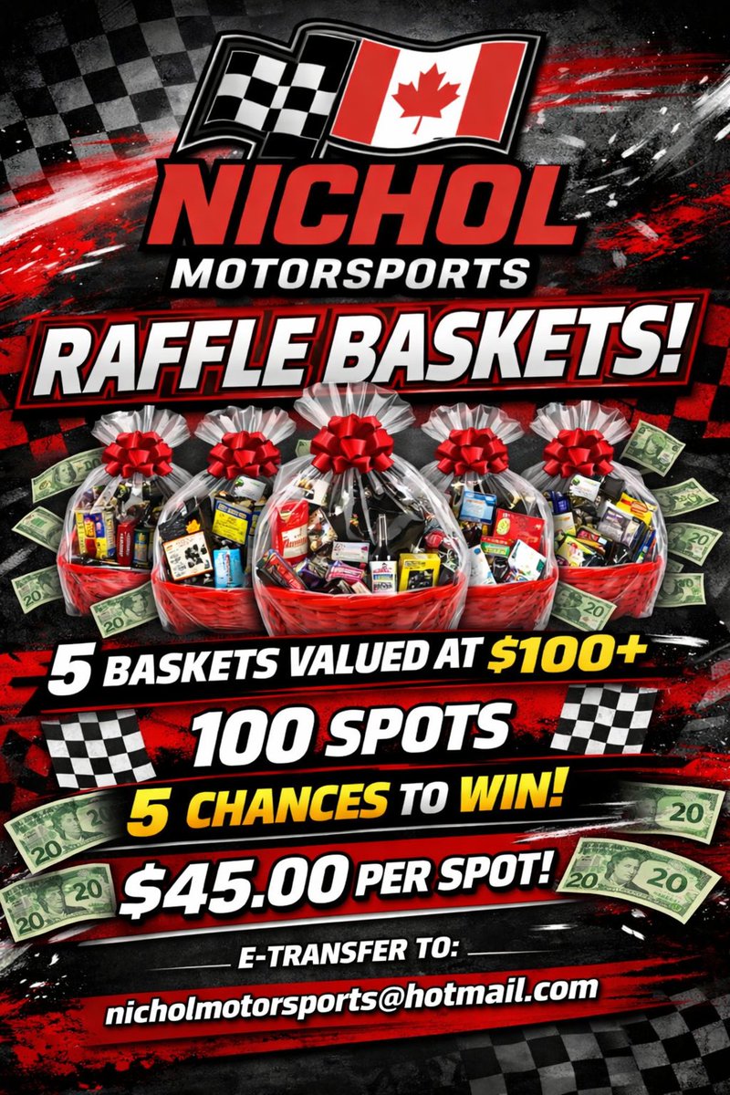 TonyaNichol's tweet photo. 5 Baskets 100 spots $45 each spot 5 chances to win. 
Etransfer to nicholmotorsports@hotmail.com with name and what number your want. Draw will happen once all spaces are full. 

Let's help support a youth Athlete. https://t.co/I6hh11J4I1