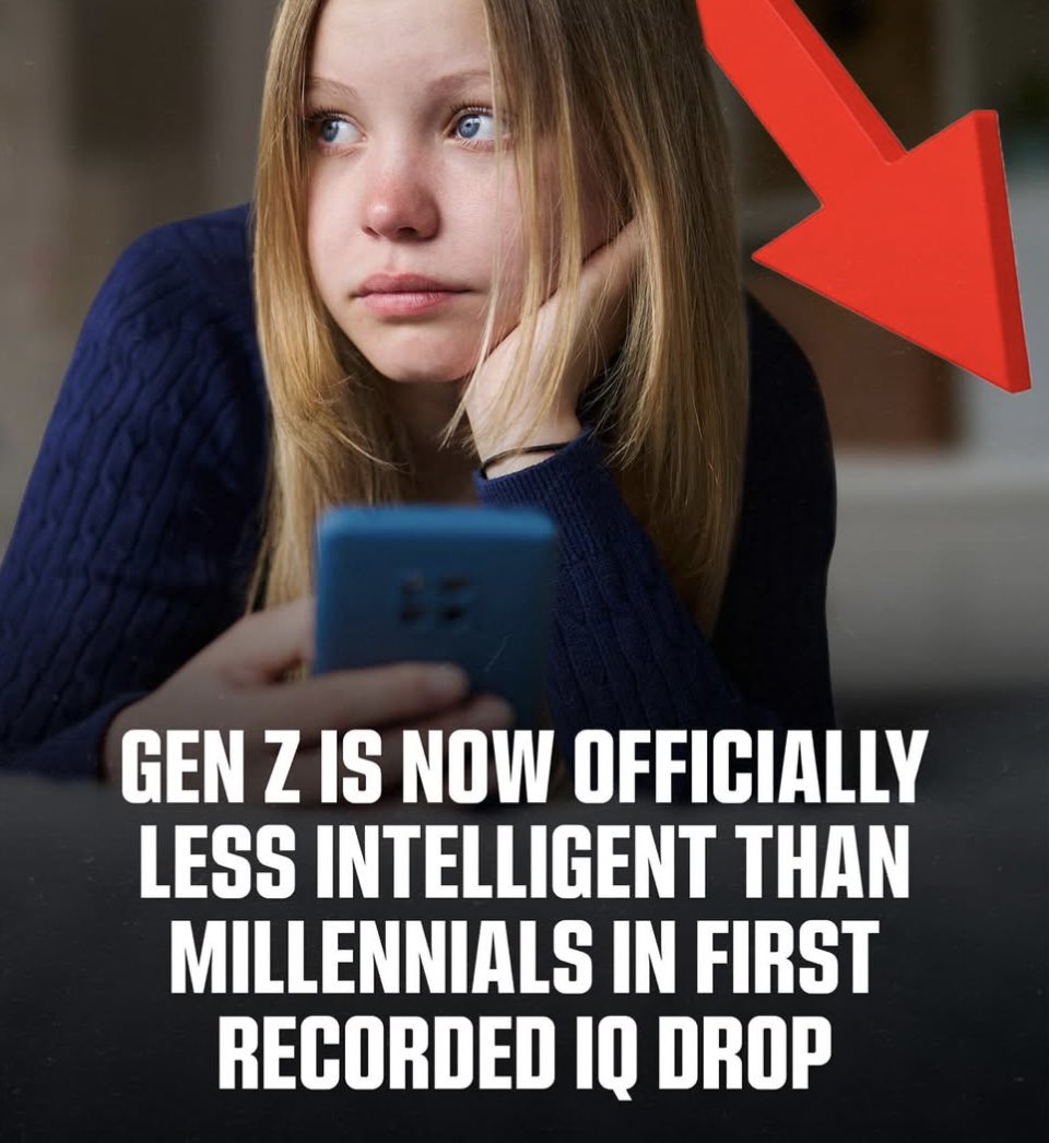TruthFairy131's tweet image. 🔥 BREAKING 🔥

GEN Z has the lowest average IQ of all generations.

Recent research points to a notable decline in average IQ test scores among Gen Z compared to Millennials, marking the first recorded drop between generations.

“They’re the first generation in modern history to…