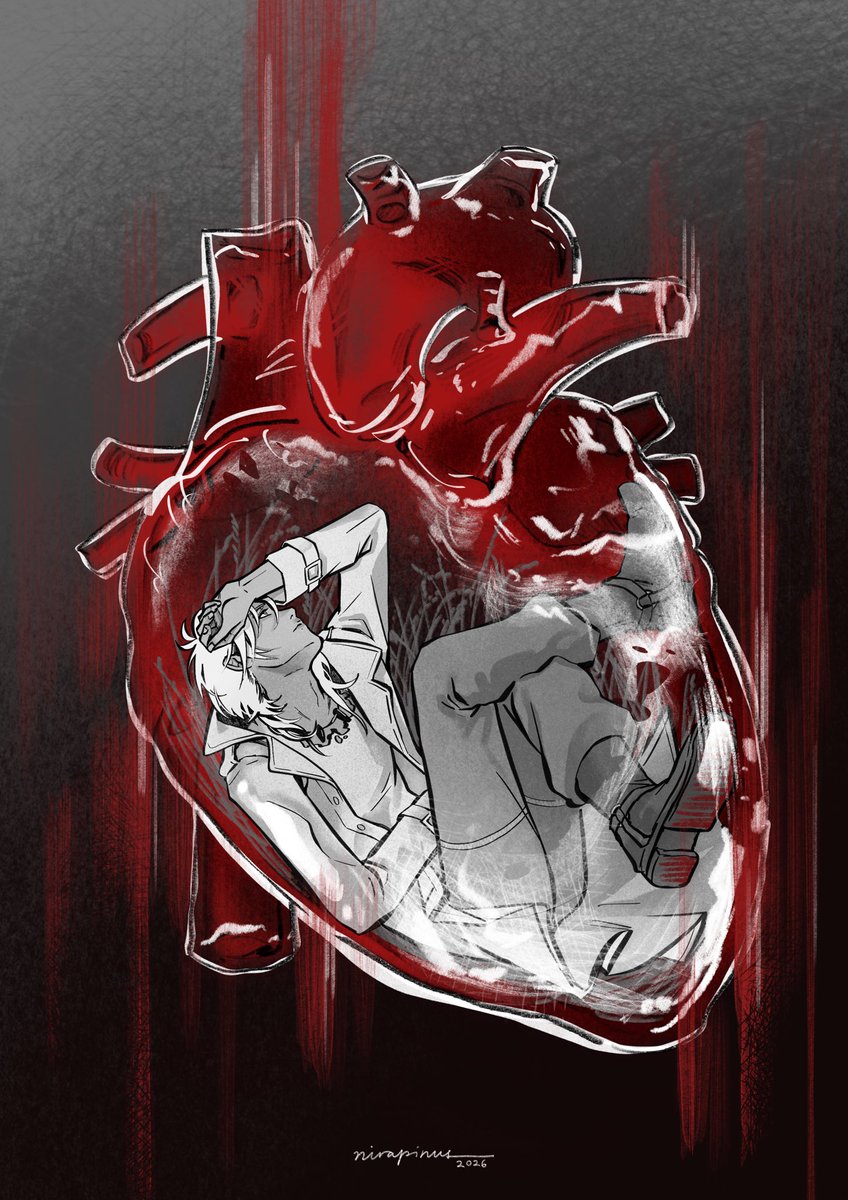 nirapinus's tweet photo. [clear hue, empty heart, or so he thought before it bleeds]
Happy death-day, Makishima Shougo.

Please check out the full zine at @ASE2026 !🤍 https://t.co/kzIrHniqGc
