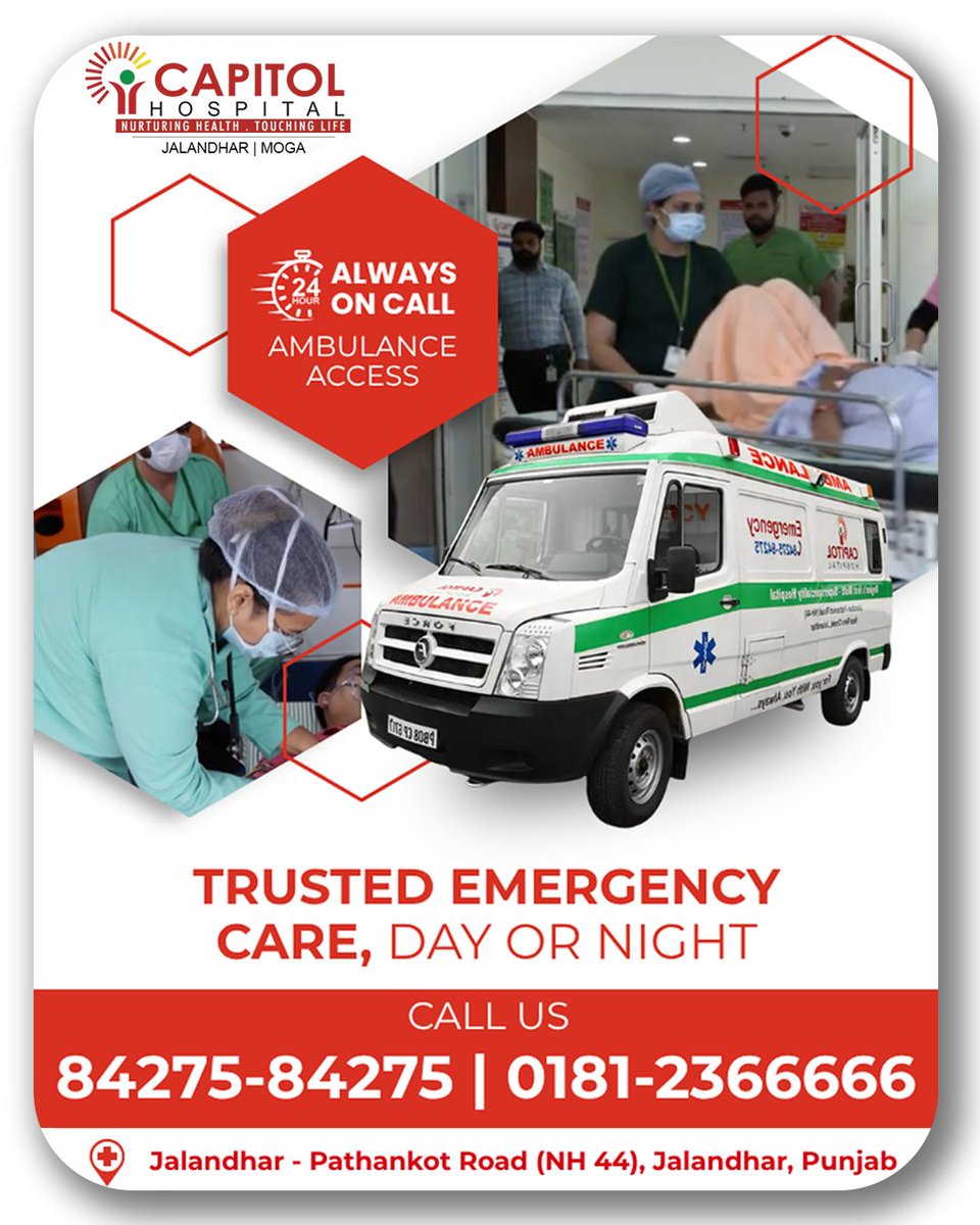 Capitol_Hosp's tweet photo. Emergencies don’t wait — and neither do we.

🚑 24x7 Ambulance Access
🏥 Trusted Emergency Care
📍 Jalandhar – Pathankot Road (NH 44)
📞 84275-84275 | 0181-2366666

Capitol Hospital is always ready.

#EmergencyCare #CapitolHospital #Jalandhar #24x7 https://t.co/z3EyvXEDMg