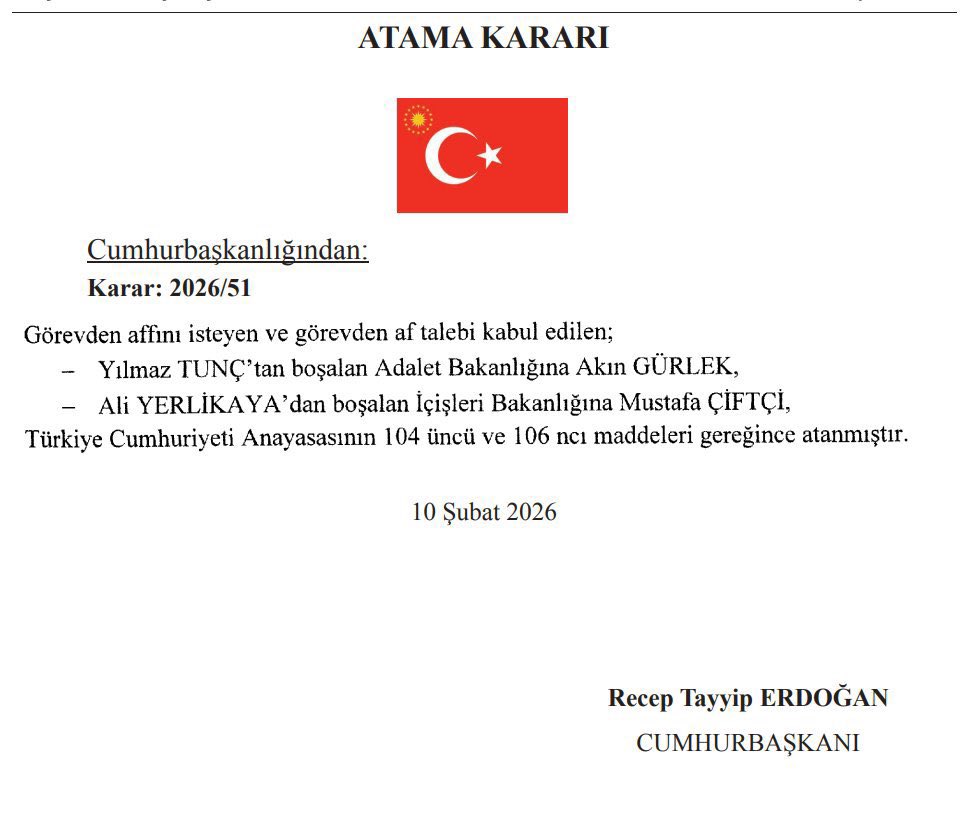 Cumhurbaşkanımızın tensipleriyle Adalet Bakanlığı’na atanan Sn.Akın Gürlek’e ve İçişleri Bakanlığı’na atanan Sn.Mustafa Çiftçi’ye “hayırlı olsun” diyor, yeni vazifelerinde muvaffakiyetler diliyoruz.

Bu güne dek büyük bir gayretle çalışan  Sn. Yılmaz Tunç ve Sn. Ali Yerlikaya’ya