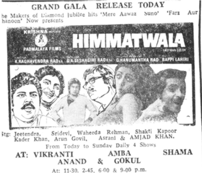 MoviesUpdatez's tweet photo. #43YearsOfHimmatWala
Hyderabad, Vikranti 217 Days Eun.
Replaced with #UmraaoJaan
#Jeethendra #SrideviKapoor
A Film by @Ragavendraraoba #Himmatwala https://t.co/tX4AHfq7HC