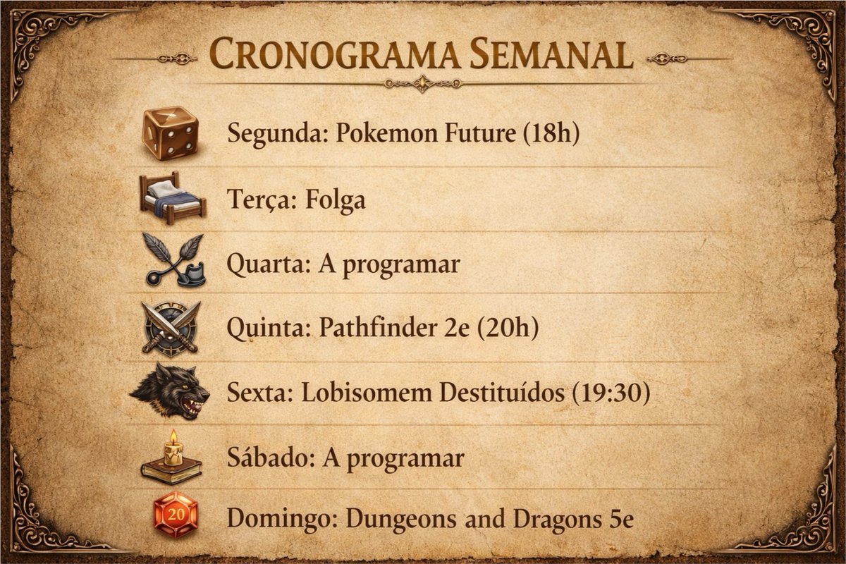 drakkar22's tweet photo. Cronograma das mesas de RPG do canal querem se gostarem colem Lanna Rocinha e no YouTube deixem o Follow e liguem as notificações!!

https://t.co/Hz6qW4oo66
https://t.co/uyn42sEnLk

#RPG #streamer #Brasil #rpgdemesa #tabletopgaming  #dnd5e #pathfinder2e #Storytelling #pokenonrpg https://t.co/OsULjffD3x