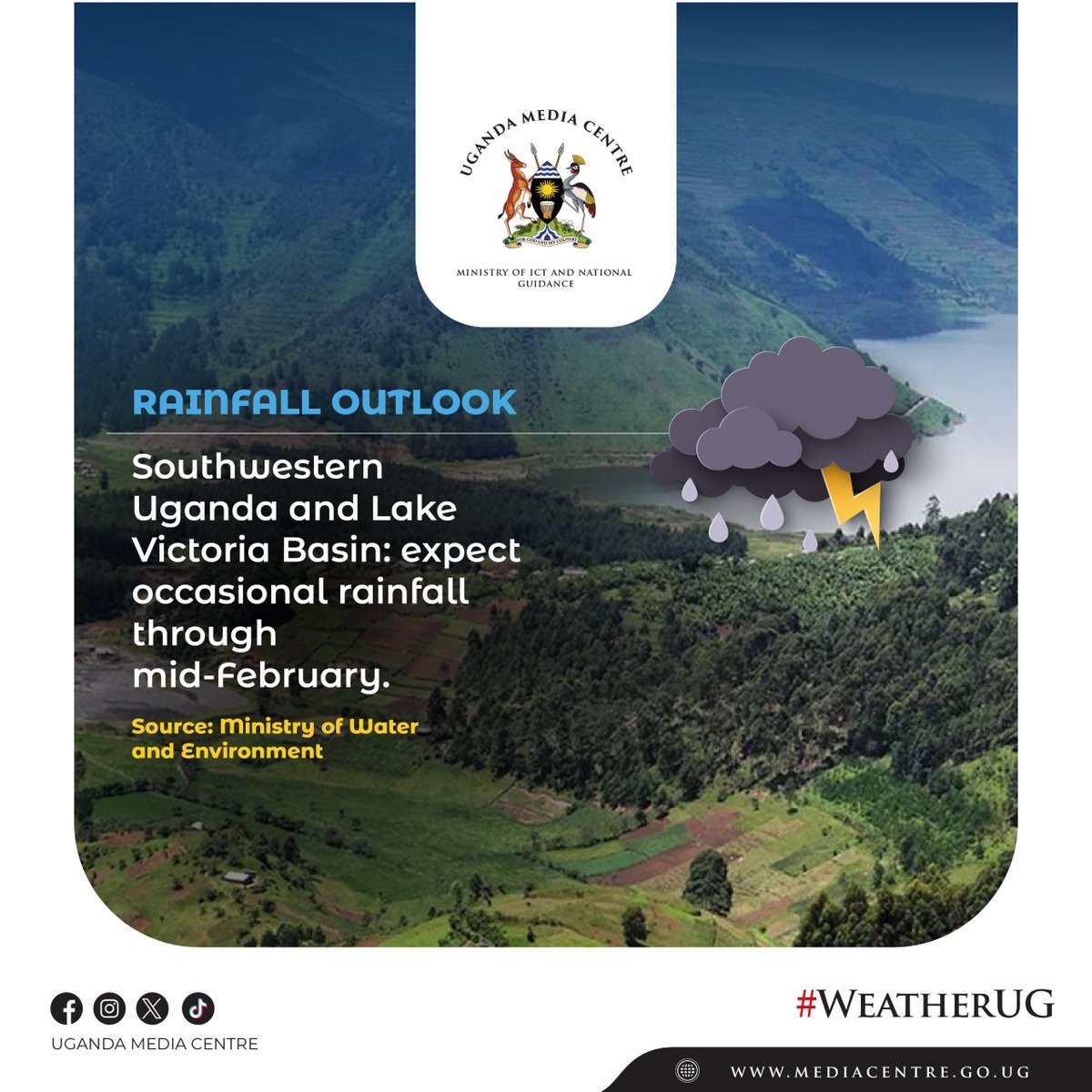 UgandaMediaCent's tweet photo. Occasional showers are expected across Southwestern Uganda and the Lake Victoria Basin through mid-February | #WeatherUG https://t.co/DI3la90Ay1