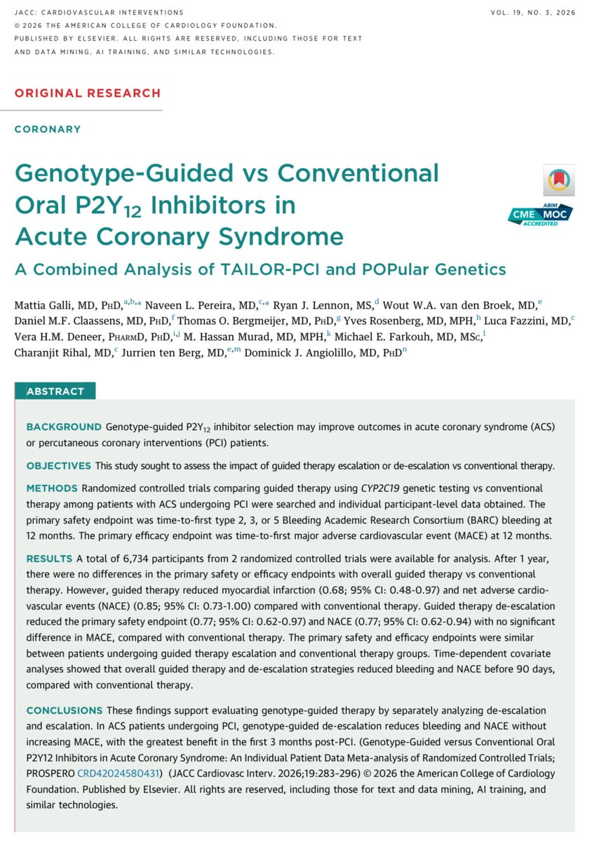 MattiaGalli10's tweet photo. New RCT evidence supporting the clinical benefit of genotype-guided P2Y12i in ACS, with most benefit within 3 months post-PCI. In light of NEOMIND-SET, this is the only de-escalation strategy shown to reduce early post-PCI bleeding—when it matters most.

https://t.co/8sGGHUNMJl https://t.co/m9rP65lKlA