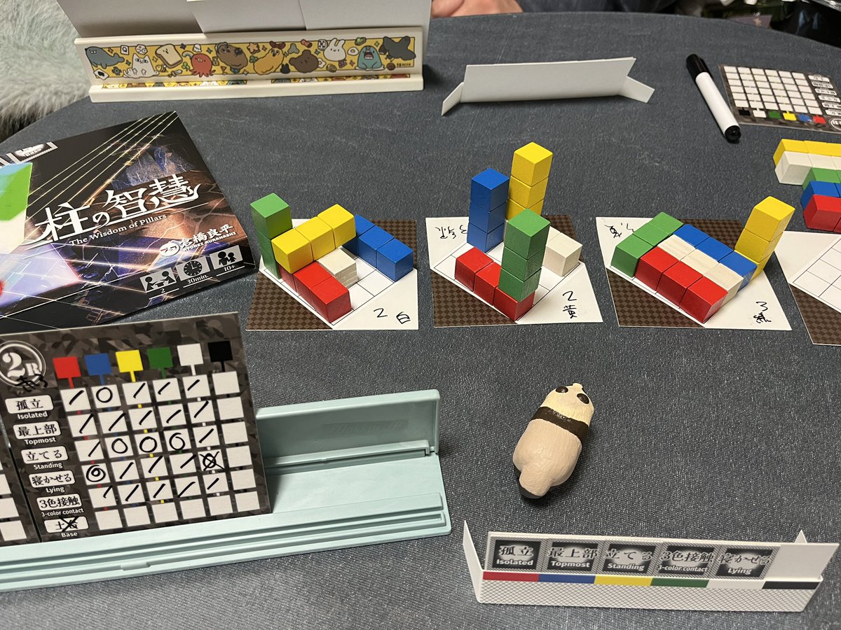 [柱の智慧]
ブッコさんの2人用推理ゲーム。
相手の得点条件を当てたら勝利。
条件を決めたら交互に1色3ピースのブロック1個を選び、中央の場に好きなように置く。全て置いたら各自のルールで何点か&amp;どの色が該当するかを記入。4ラウンド終わるまでに相手の条件を当てよう。神スルメゲー✨
#わとの棚