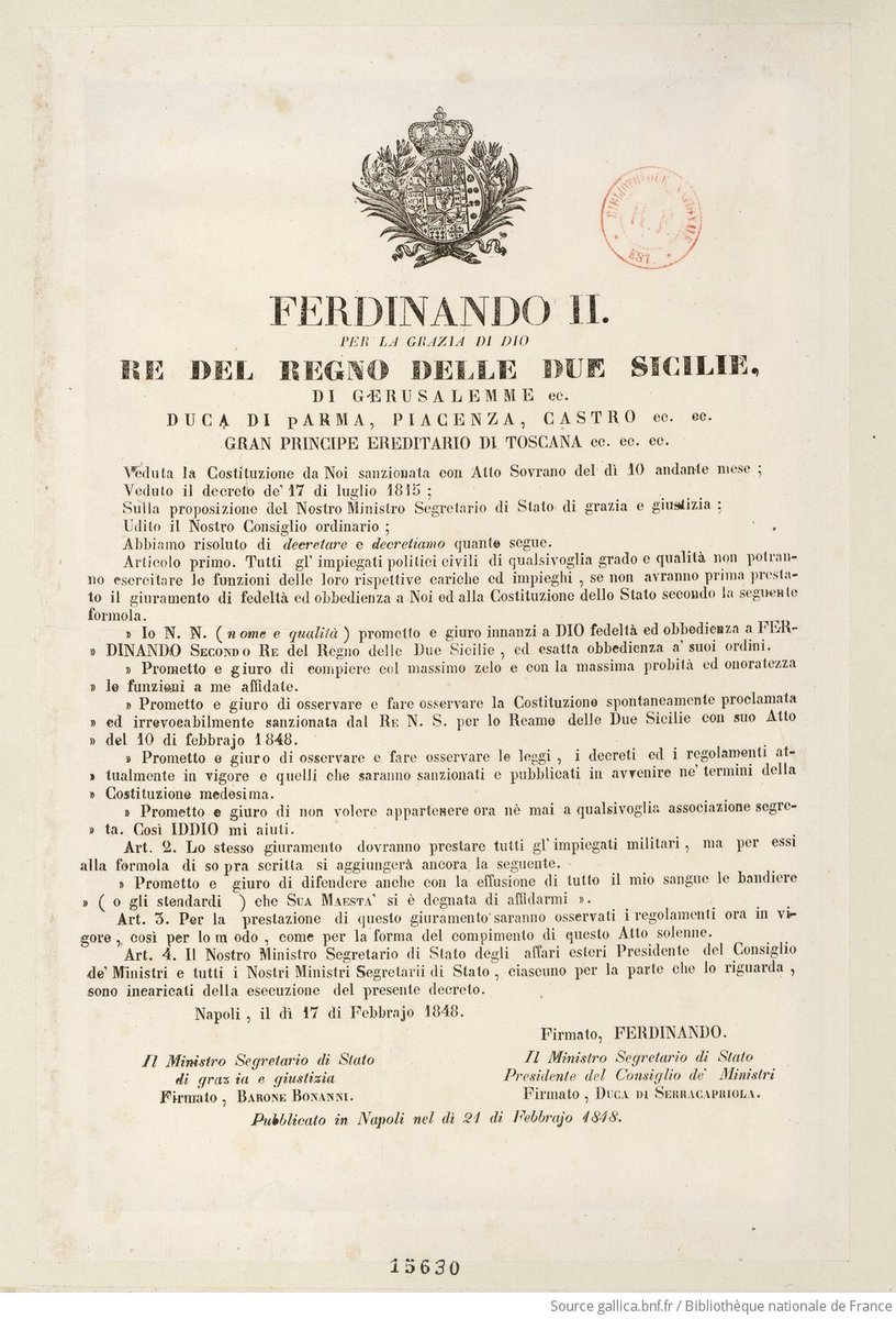 mariobianchi18's tweet photo. L'#11febbraio 1848 #FerdinandoII promulga la Costituzione del Regno delle Due Sicilie concessa il 29-1 precedente in risposta alle sommosse scoppiate nel Regno. Altri incidenti scoppieranno a maggio ad opera da deputati del Parlamento napoletano che chiedevano modifiche al testo. https://t.co/tx14C0z3OD