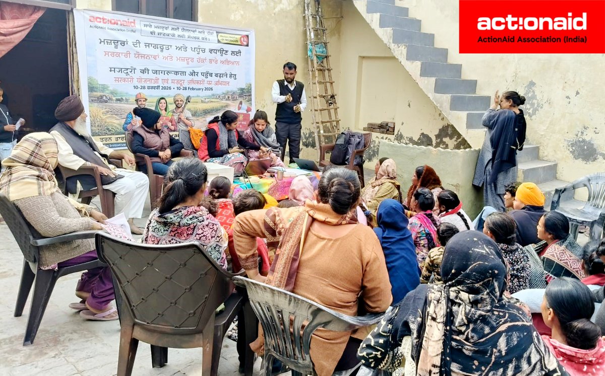 ActionAidIndia's tweet photo. ActionAid Association organised a community awareness programme in Chabal village, Tarn Taran, Punjab, helping women, senior citizens, and labourers understand their rights and access welfare schemes. Through real-life examples, open discussions, and practical guidance, the ActionAid team-built people’s confidence to apply for government benefits and claim services meant for them. #ActionAidIndia #CommunityEmpowerment #WelfareAccess