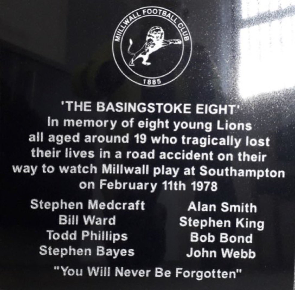 ThatMillwallPod's tweet photo. These are the names of the eight young millwall fans who sadly died on their way to Watch @MillwallFC away to @SouthamptonFC on February 11, 1978.

#AlSmith
#BobBond
#BillWard
#RodneyPhillips
#StephenMedcraft
#JohnWebb
#StevenBayes
#StephenKing

#Wewillneverforgetyou https://t.co/Xqf522fr2e
