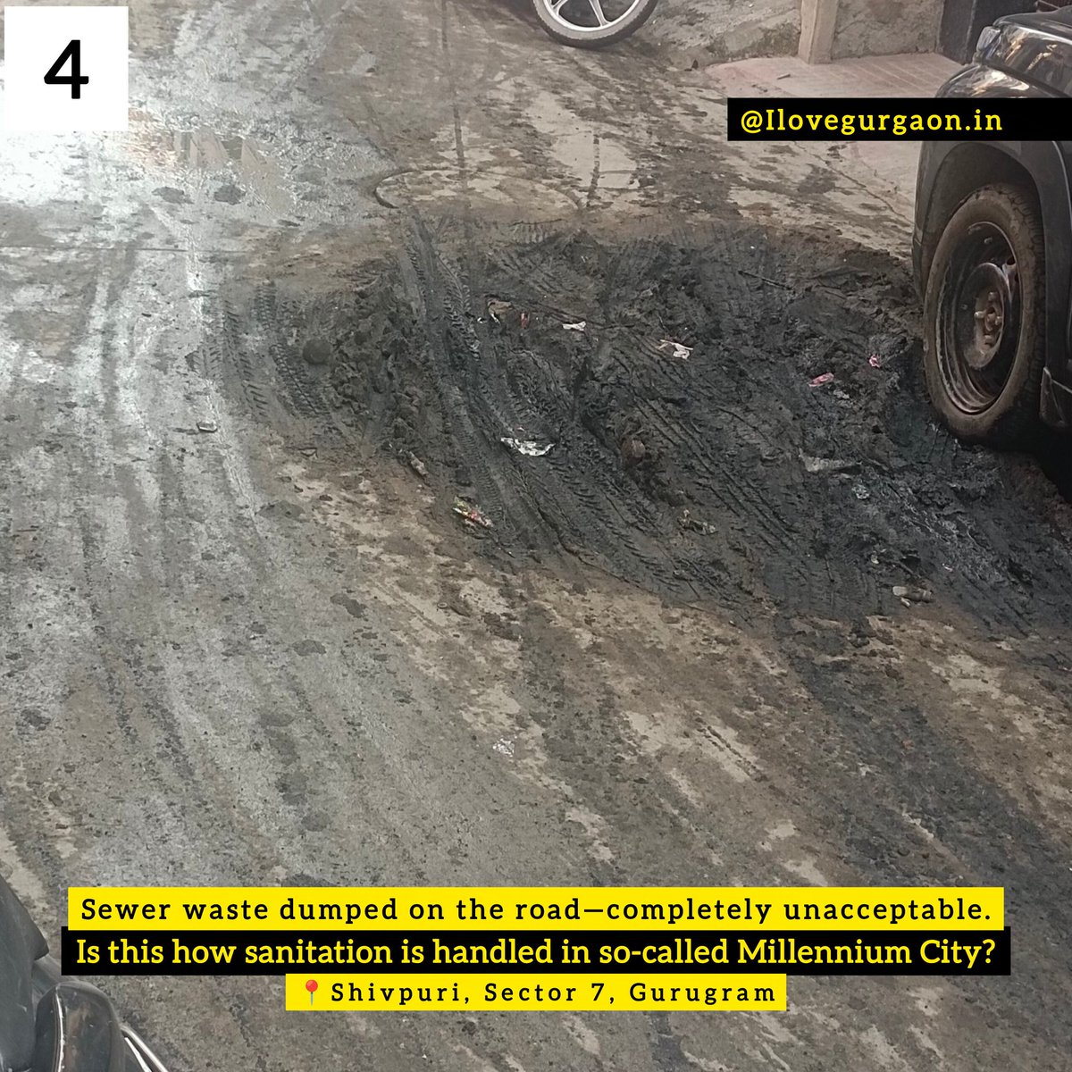 Sewer waste removed after manhole cleaning has been left dumped on the road for over a day, causing foul smell, health risks, and traffic disruption due to #MCG negligence.

📍Gali No.13, Shivpuri, Sector 7, #Gurugram

Cr: <a href="/shubham55479141/">shubham agarwal</a>
<a href="/Notsokhush_15/">KHUSHAL BHARDWAJ</a>

#mcggurugram #sewerwaste