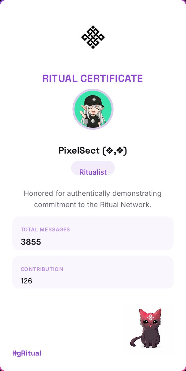 Made my Ritual certificate today ✨

Really like how you can personalize it with your own message and contribution. Clean UI, nice details, and easy to use.

Big shoutout to <a href="/Devarshi8539/">Maharshi (❖,❖)</a> for building this