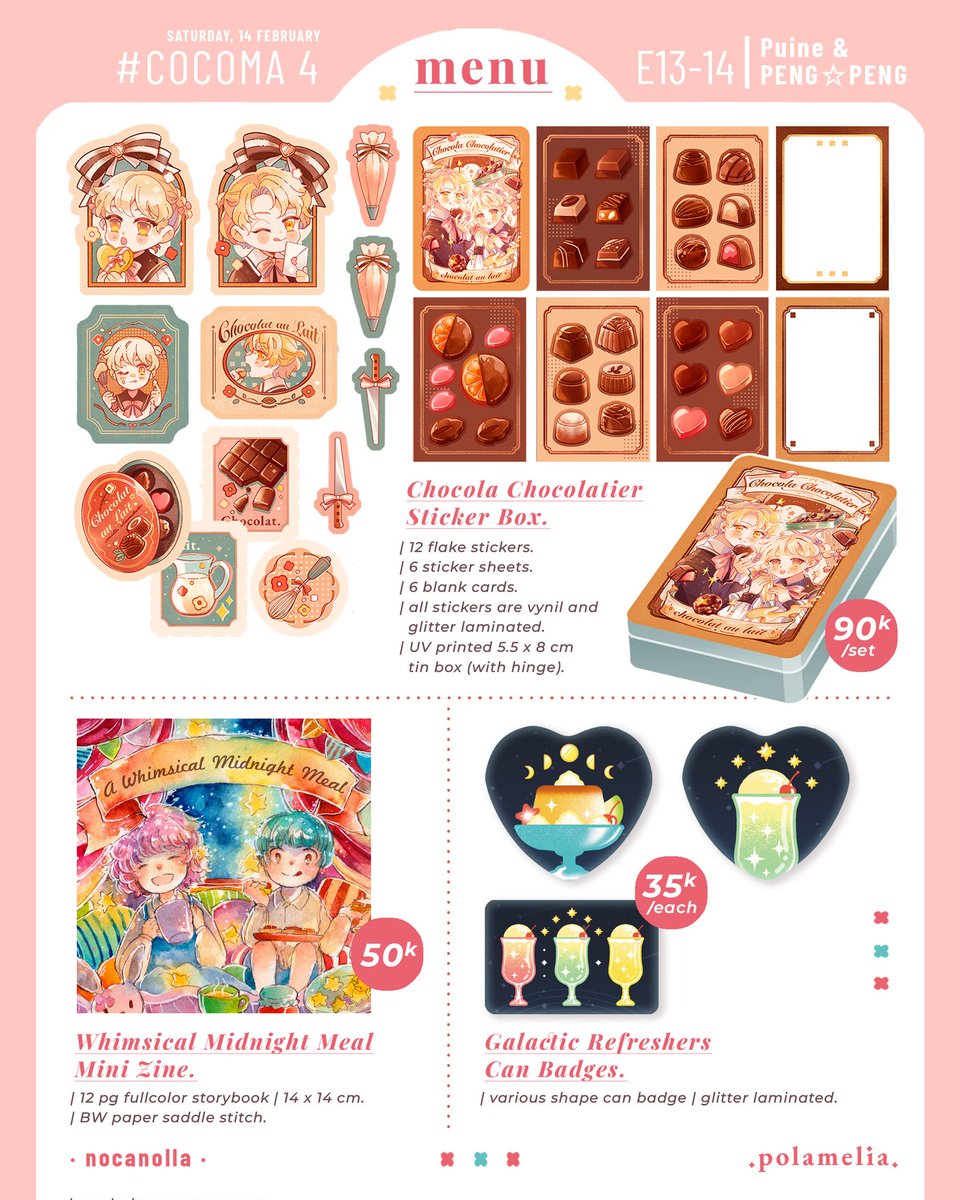 RT is very appreciated! 🥺🙏✨

My catalog for #COCOMA4! 

I'll be on E13-14 (Puine &amp; PENG✩PENG) with my Nu: Carnical stuffs! Since it's Valentine day, I'm having big discount for all stickers!

See you soon!

#COCOMA4CATALOGUE #norakani