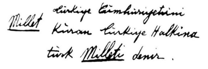 🇹🇷 Atatürk'ün el yazısı ile millet tanımı:

“Türkiye Cumhuriyeti'ni kuran Türkiye halkına Türk Milleti denir.”