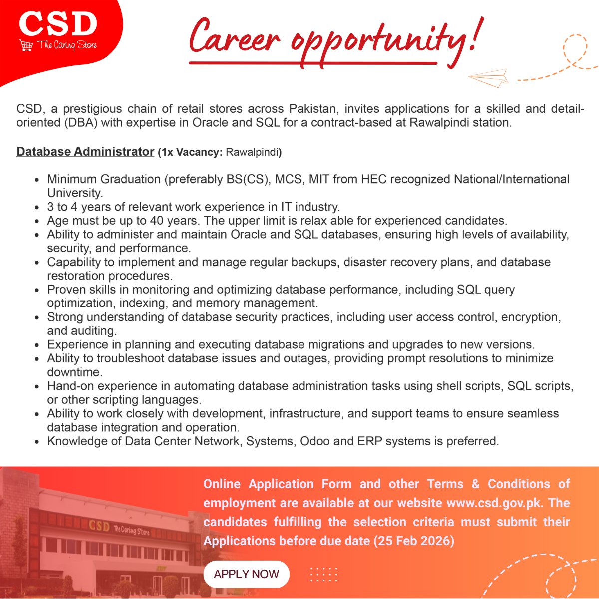 CsdPakistan's tweet photo. Join #CSD - Pakistan's Pioneer Retail Store
Apply online Now @ https://t.co/KjU8HOOW49
Share|Like|Follow CSD Page for more updates
#Pakistan #Retail #Career #opportunities https://t.co/X0SxpoEamw