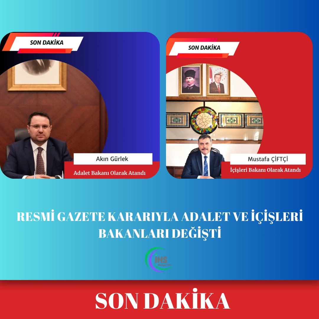 📢 SON DAKİKA – Bakanlar Değişti!
Cumhurbaşkanı Recep Tayyip Erdoğan’ın imzasıyla yayımlanan Resmî Gazete kararına göre İçişleri Bakanlığına Mustafa Çiftçi Adalet Bakanlığı görevine  Akın Gürlek getirildi.
#akınguerlek #MustafaÇiftçi #resmigazete