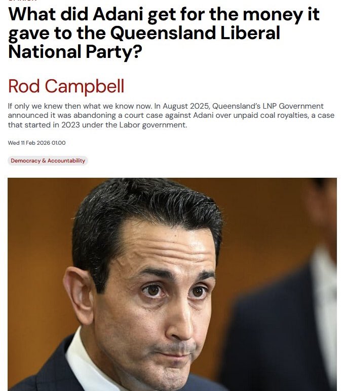 BenPennings's tweet photo. “The public has a right to know why Adani donated so much money to the LNP, when it had never done so before. It also has a right to know why the state government is refusing to explain why a major donor seems to have been given such an outrageously good deal.”

https://t.co/79EORoFCfD