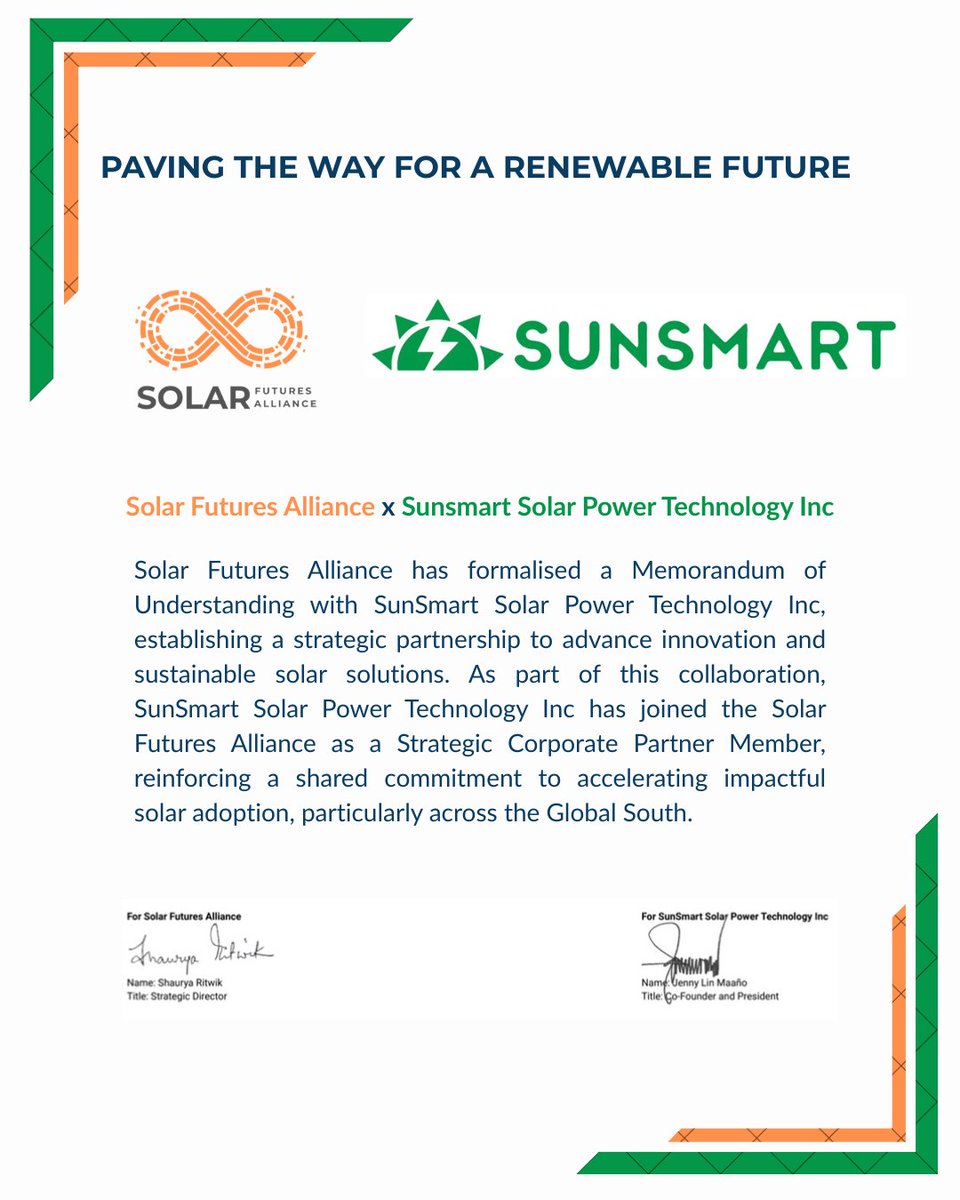 joinSFA's tweet image. We announce the signing of a Memorandum of Understanding (MoU) between Solar Futures Alliance and SunSmart Solar Power Technology Inc, formalising a strategic collaboration to advance scalable, policy-aligned, and inclusive solar energy solutions across emerging markets.

As part
